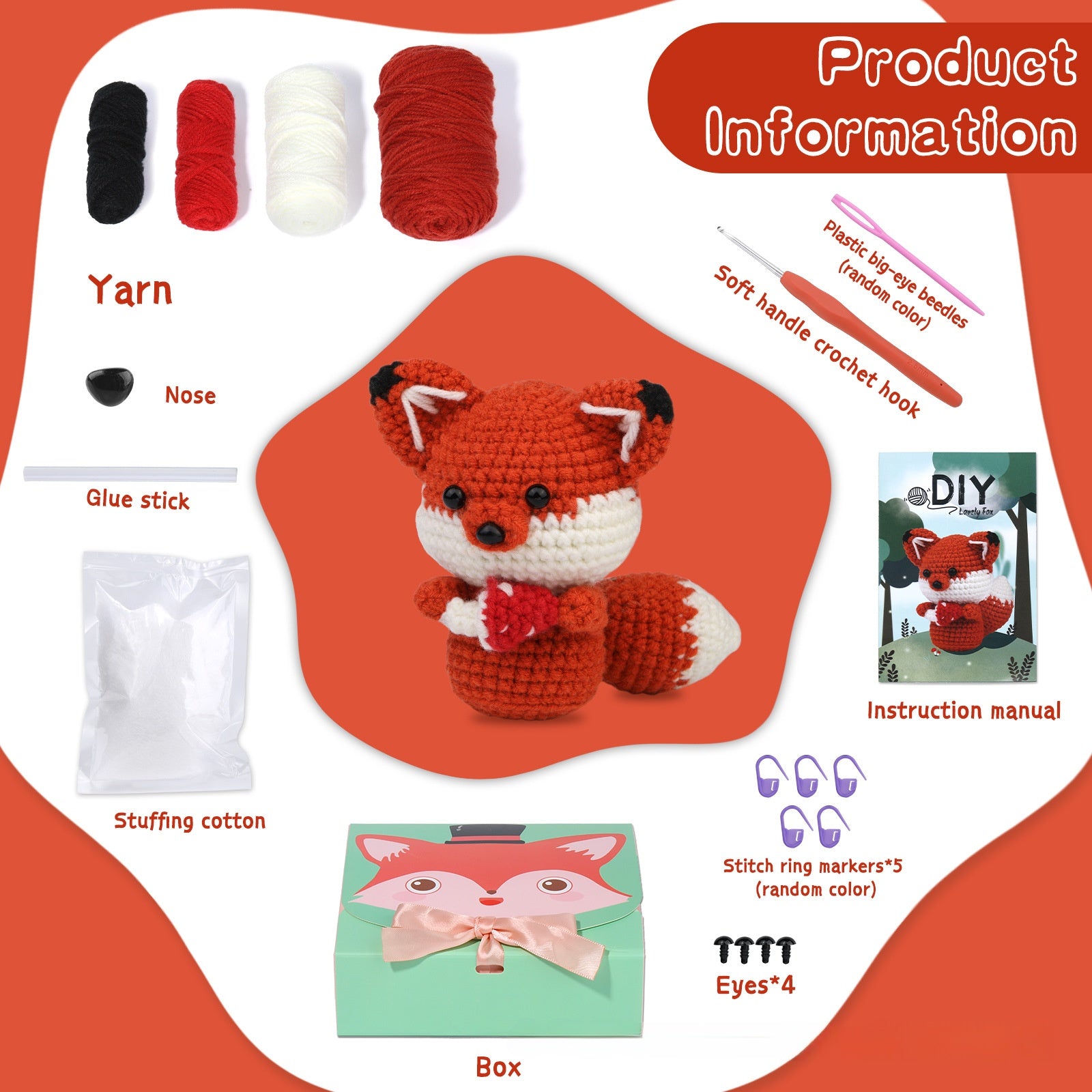 Crochet Kit for Beginners, Crochet Starter Kits, Amigurumi Craft Knitting Crocheting Kits  small fox hand-knitted wool doll   with Step-by-Step Video Tutorials