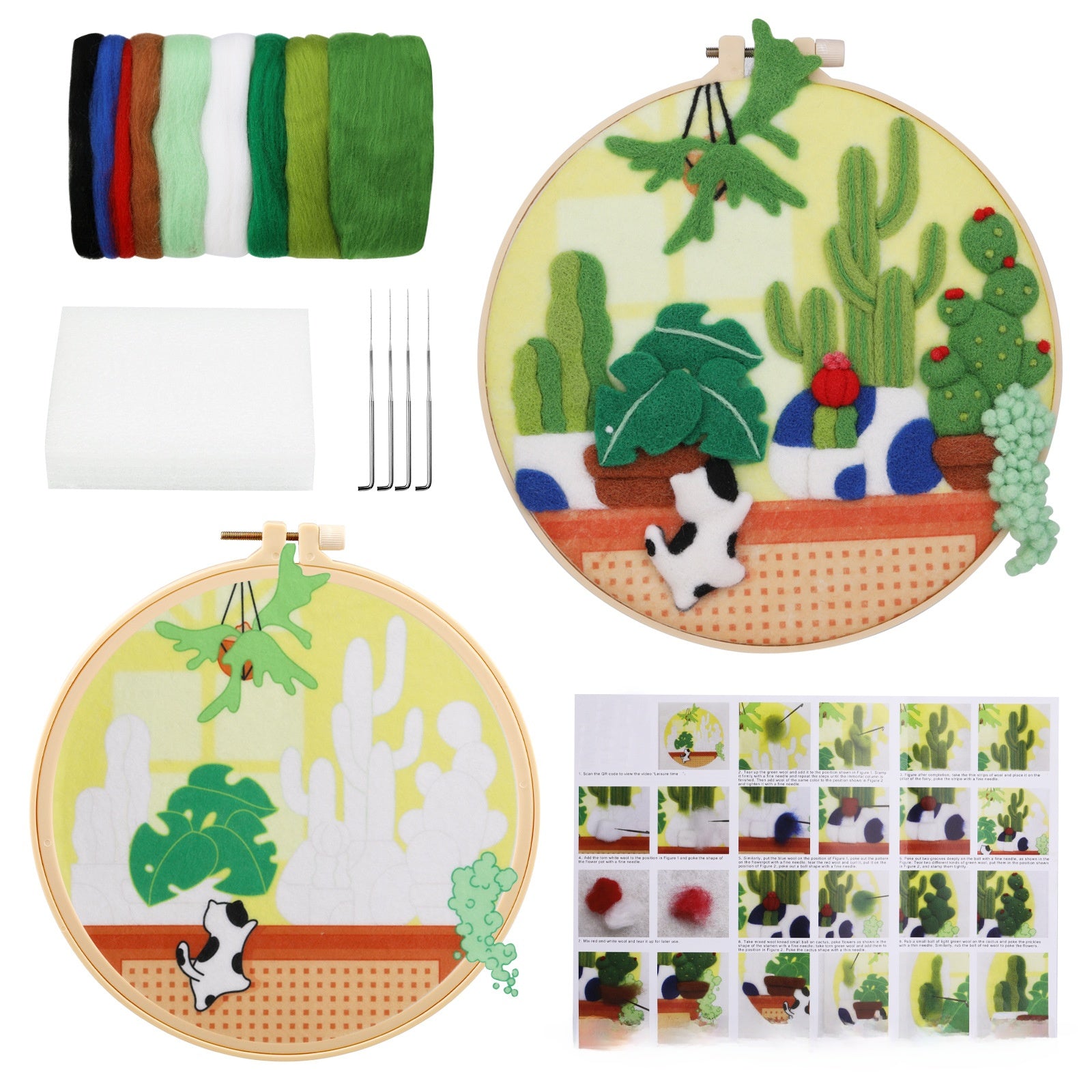 Wool felt poking material bag handmade DIY plant embroidery set containing English instruction manual