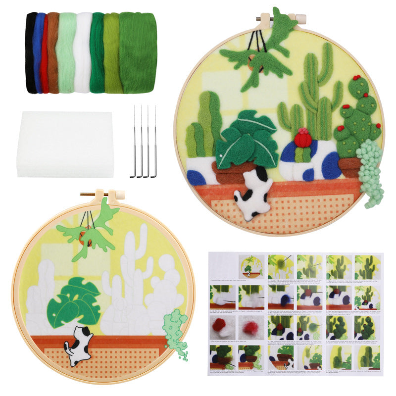 Wool felt poking material bag handmade DIY plant embroidery set containing English instruction manual