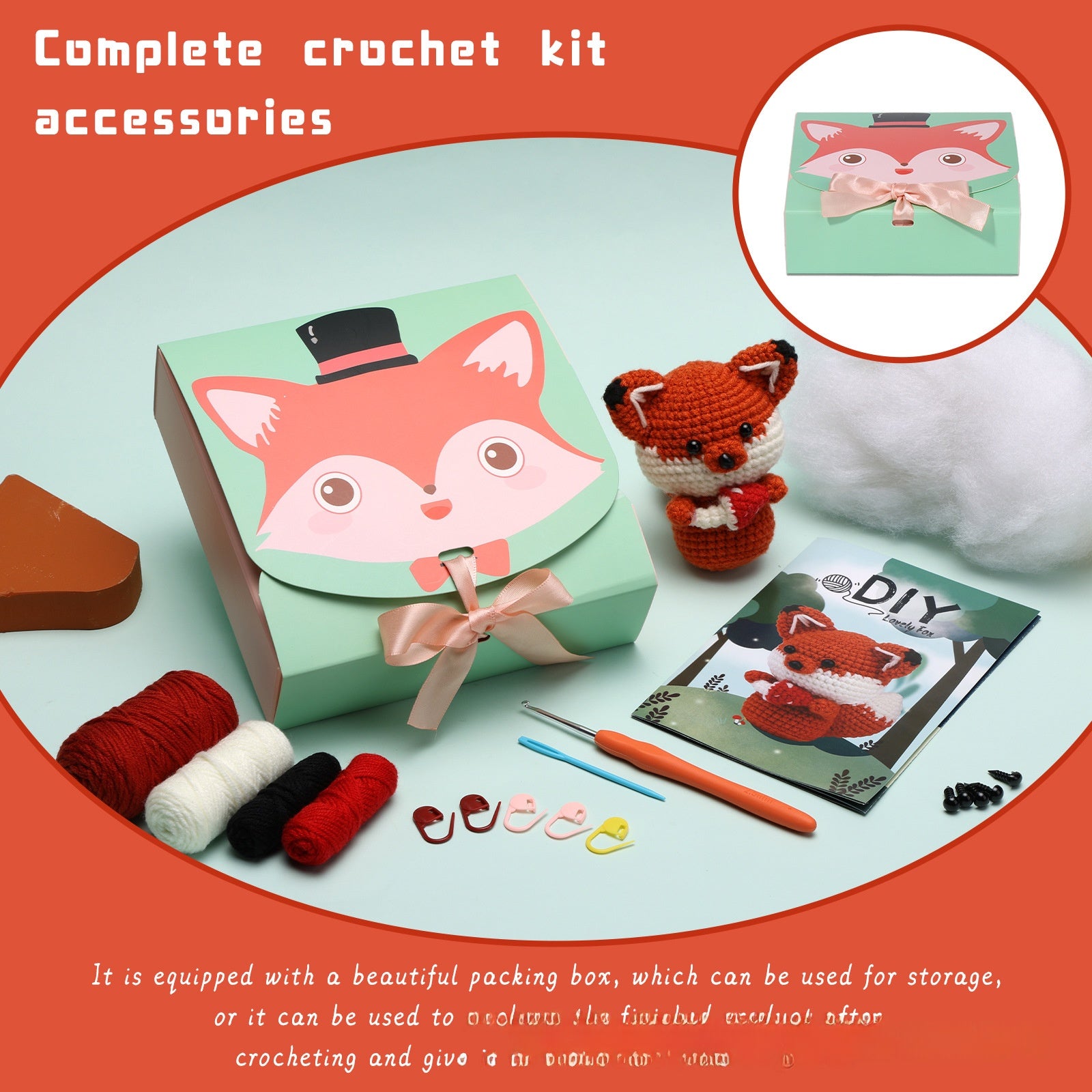 Crochet Kit for Beginners, Crochet Starter Kits, Amigurumi Craft Knitting Crocheting Kits  small fox hand-knitted wool doll   with Step-by-Step Video Tutorials