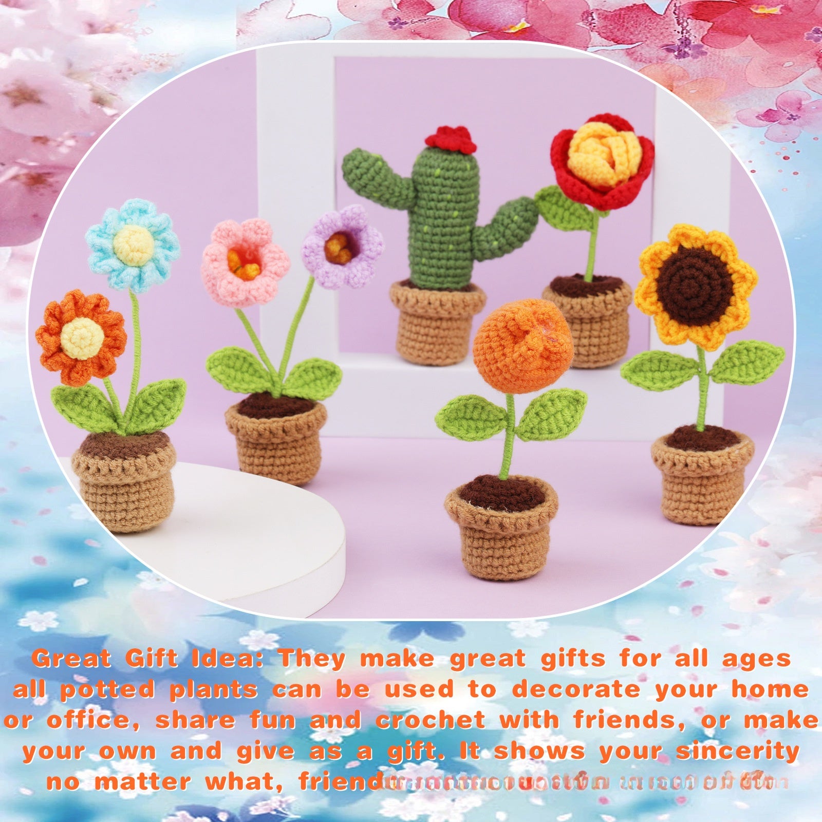 Crochet Kit for Beginners, Crochet Starter Kits, Amigurumi Craft Knitting Crocheting Kits with Step-by-Step Video Tutorials, 6 Pack Hanging Potted Plants Family