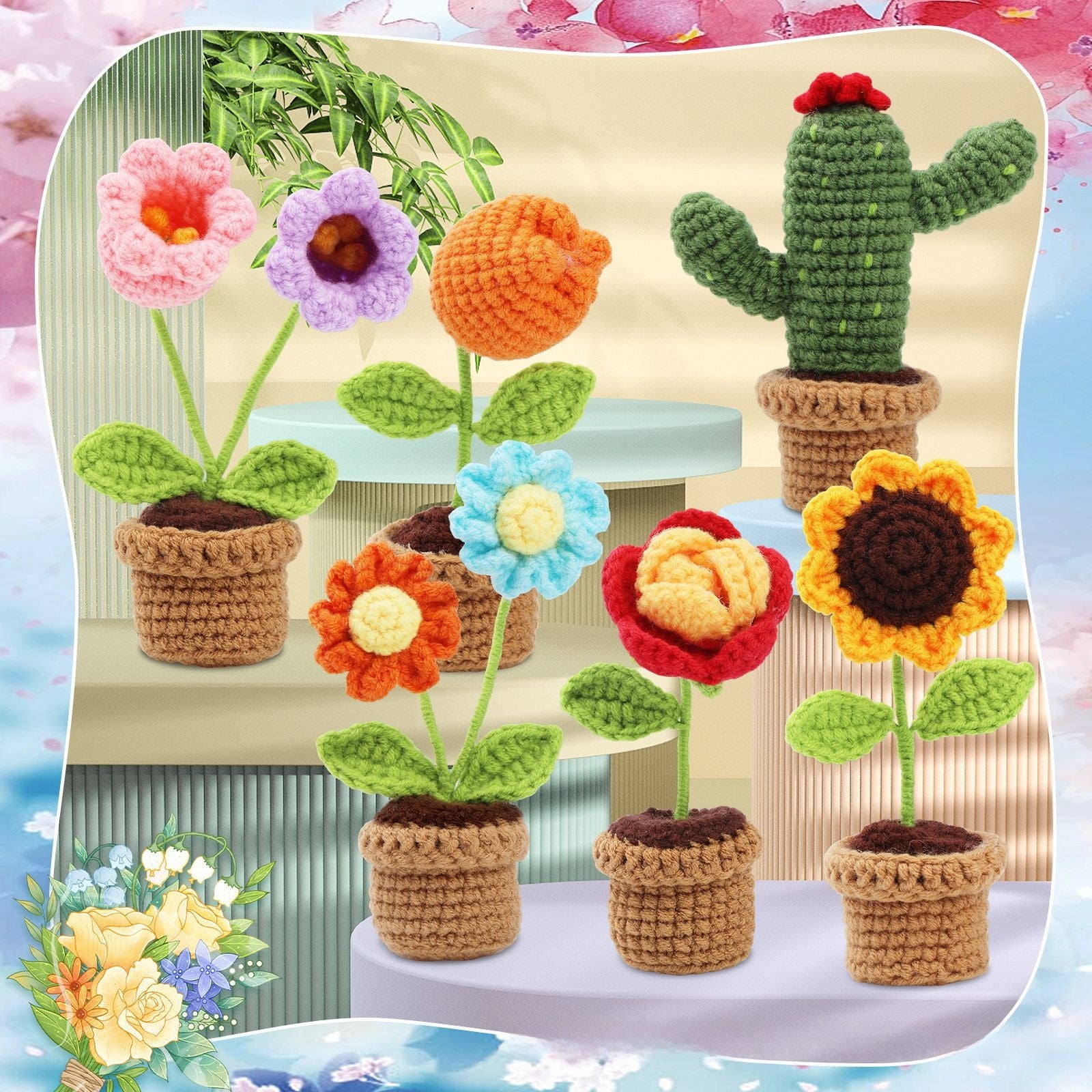 Crochet Kit for Beginners, Crochet Starter Kits, Amigurumi Craft Knitting Crocheting Kits with Step-by-Step Video Tutorials, 6 Pack Hanging Potted Plants Family