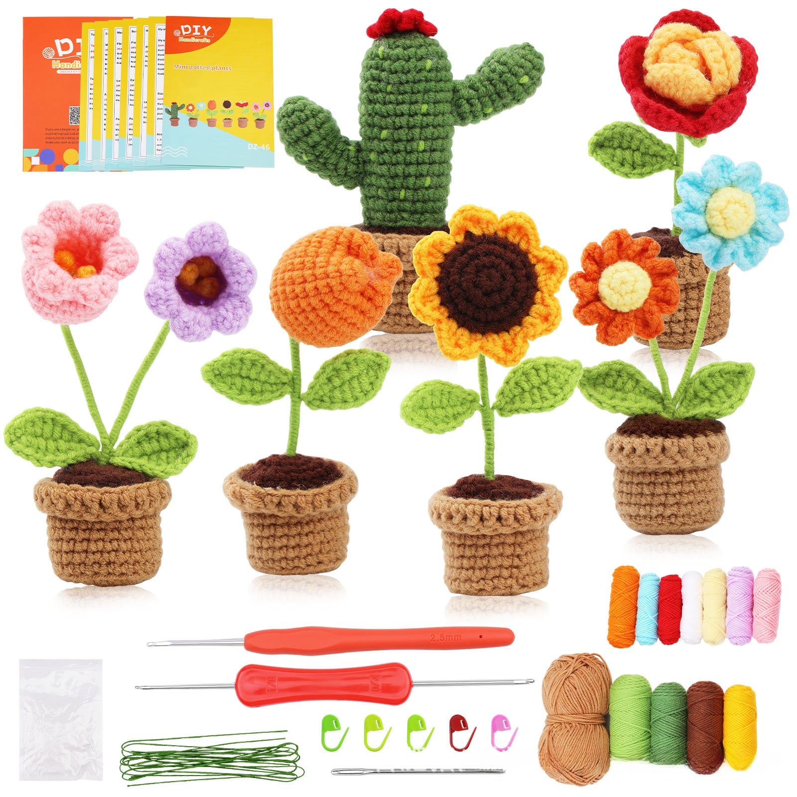Crochet Kit for Beginners, Crochet Starter Kits, Amigurumi Craft Knitting Crocheting Kits with Step-by-Step Video Tutorials, 6 Pack Hanging Potted Plants Family