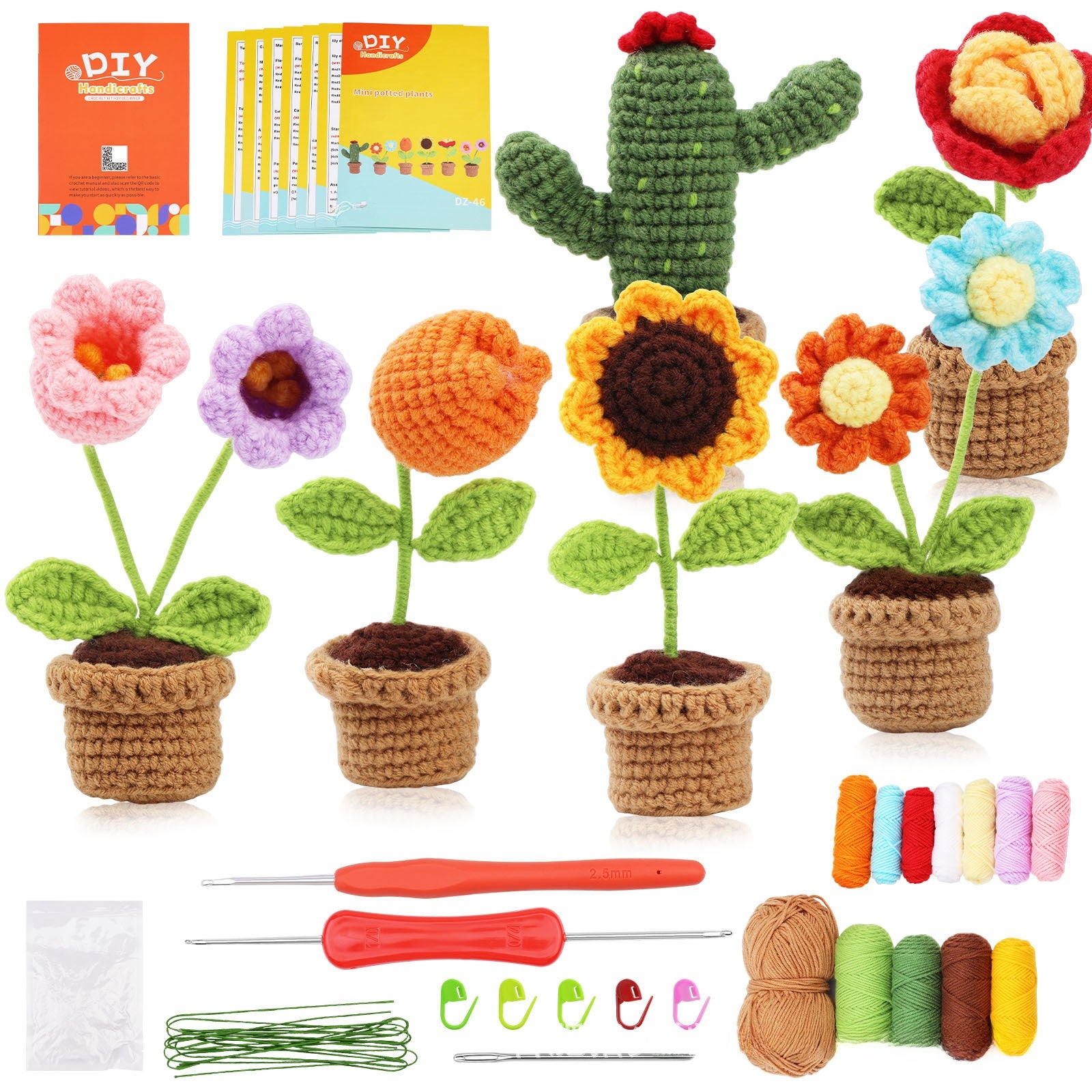 Crochet Kit for Beginners, Crochet Starter Kits, Amigurumi Craft Knitting Crocheting Kits with Step-by-Step Video Tutorials, 6 Pack Hanging Potted Plants Family