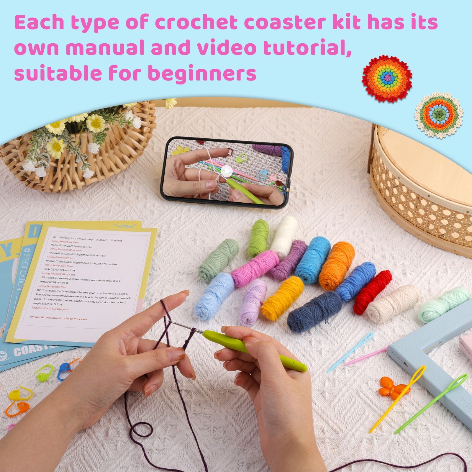 Soleeya Crochet Kit for Beginners Coasters   Knitting Kit for Adults Learn to Crochet Including Yarn Tools and Video Tutorials, DIY Crocheting Craft Gifts