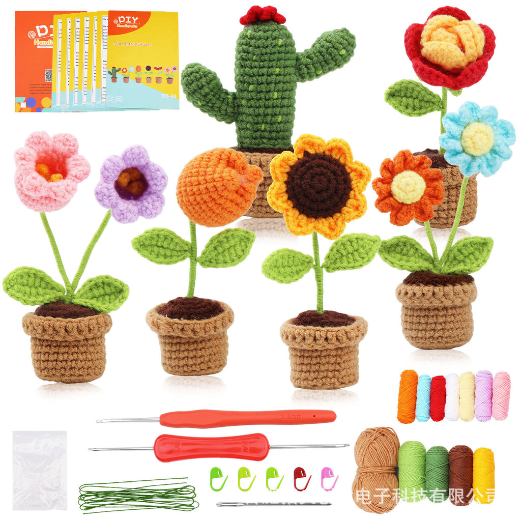 Amazon New Handmade diy Crochet Kit Yarn Crochet Small Flower Pot Plant Ornament Artificial Flower Sunflower