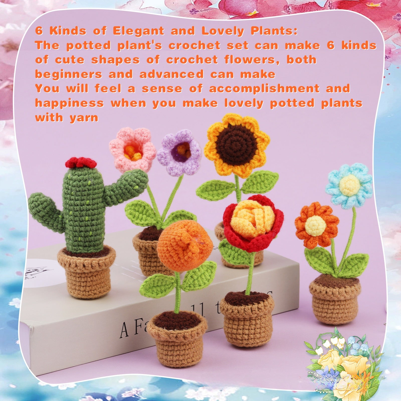 Crochet Kit for Beginners, Crochet Starter Kits, Amigurumi Craft Knitting Crocheting Kits with Step-by-Step Video Tutorials, 6 Pack Hanging Potted Plants Family
