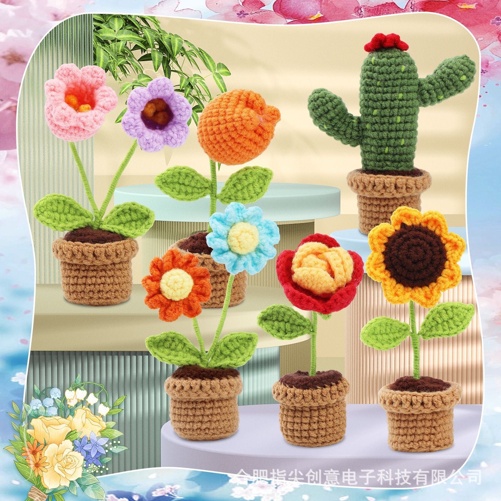 Amazon New Handmade diy Crochet Kit Yarn Crochet Small Flower Pot Plant Ornament Artificial Flower Sunflower