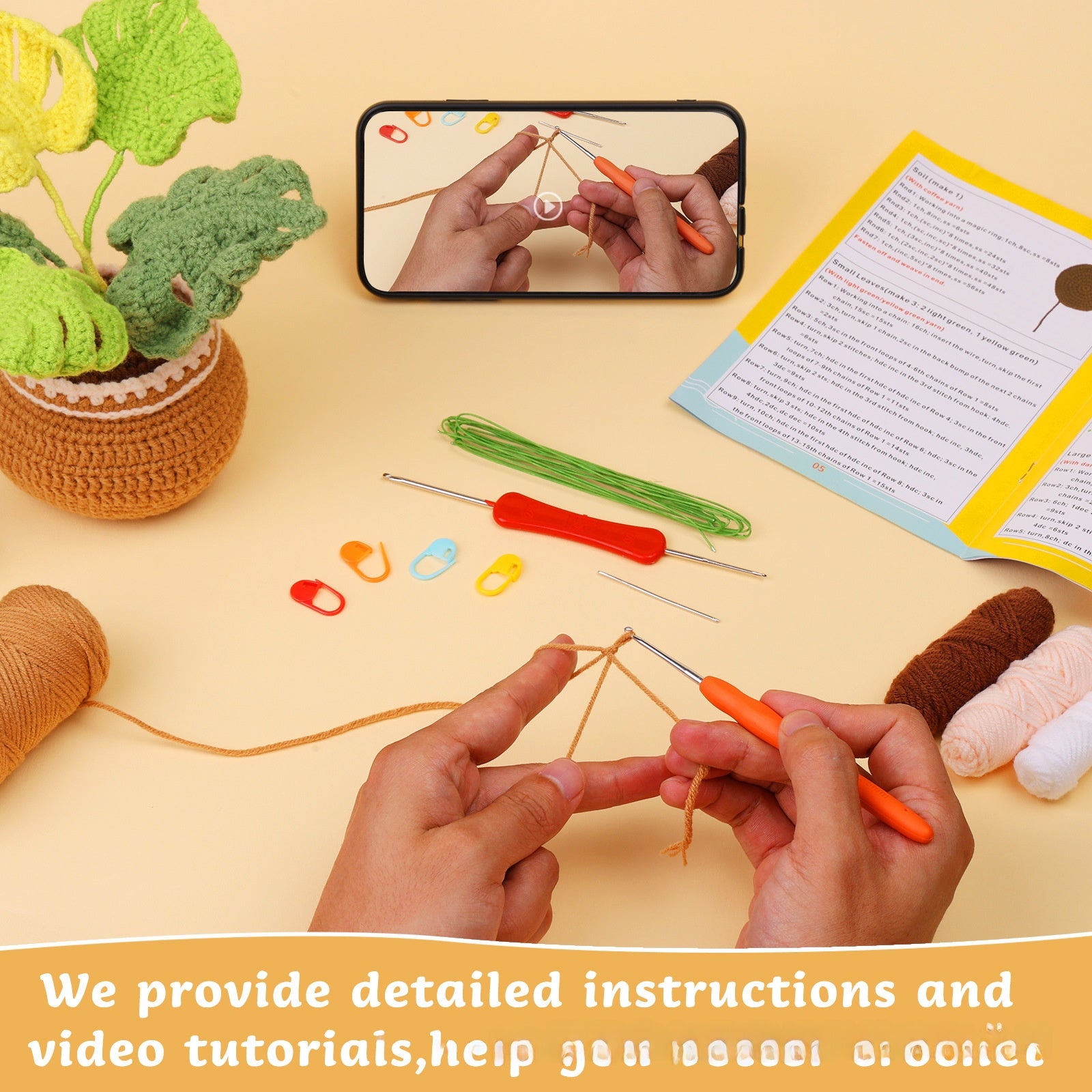 DIY crochet material wrap wool ball crochet monstera plant potted ornaments