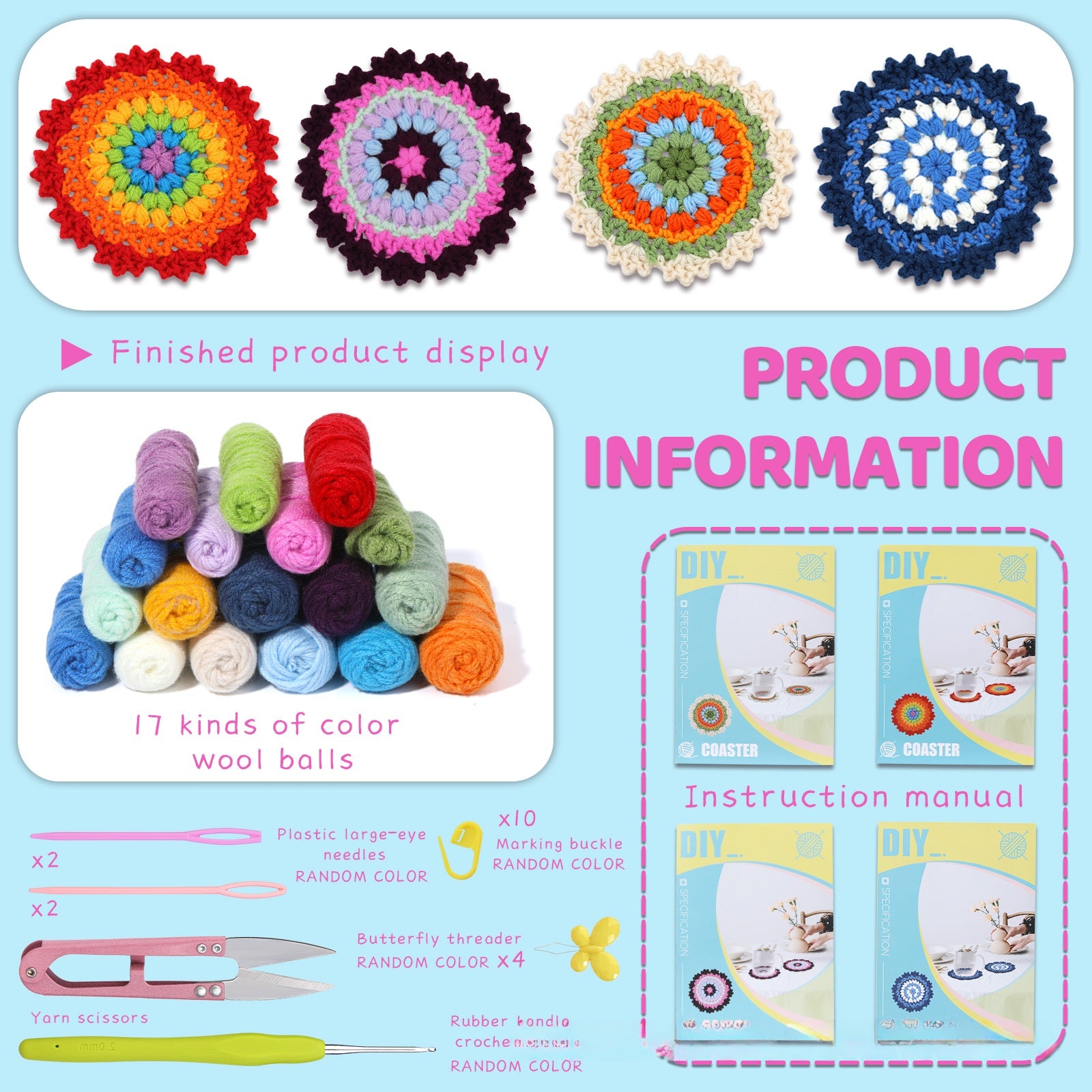 Soleeya Crochet Kit for Beginners Coasters   Knitting Kit for Adults Learn to Crochet Including Yarn Tools and Video Tutorials, DIY Crocheting Craft Gifts