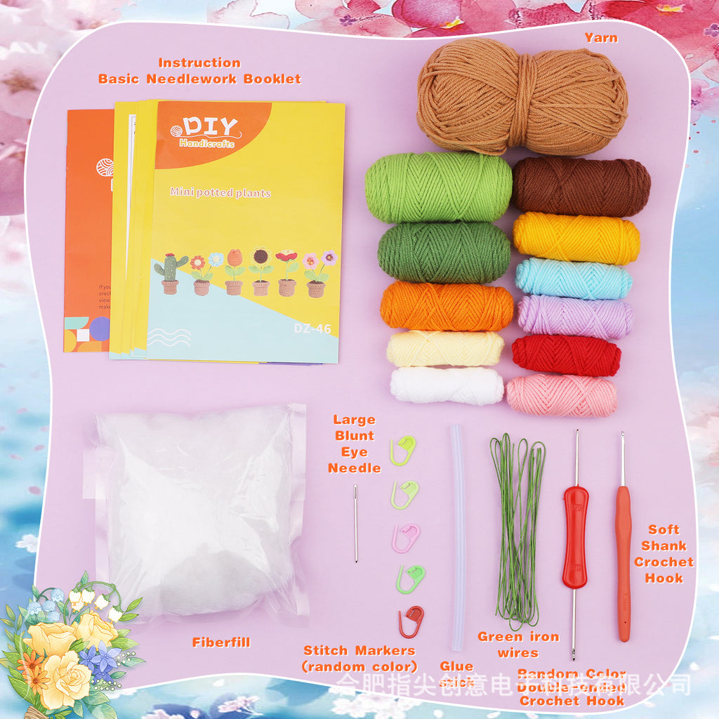 Amazon New Handmade diy Crochet Kit Yarn Crochet Small Flower Pot Plant Ornament Artificial Flower Sunflower