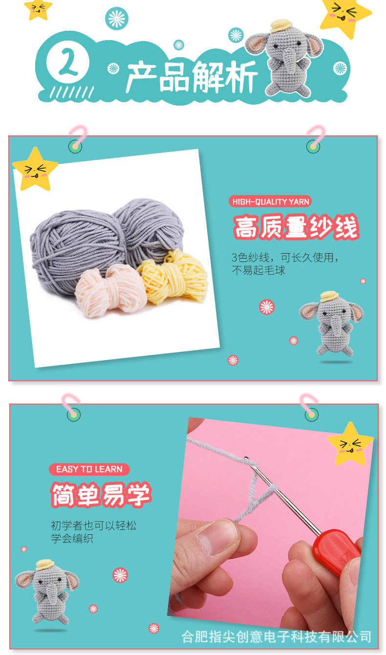 Soleeya Crochet Kit for Beginners Coasters   grey elephant crochet material pack wool knitting doll English video tutorial , DIY Crocheting Craft Gifts