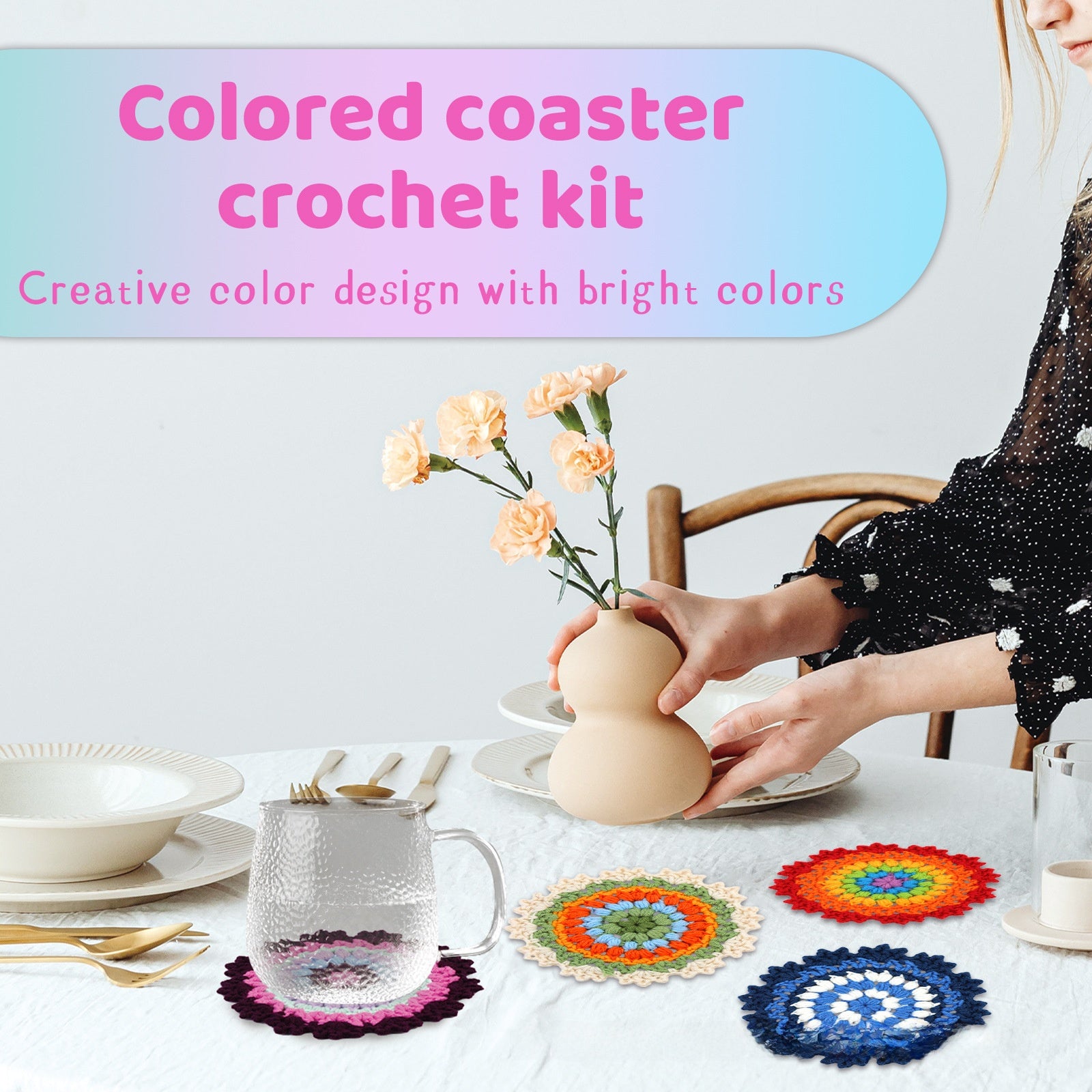 Soleeya Crochet Kit for Beginners Coasters   Knitting Kit for Adults Learn to Crochet Including Yarn Tools and Video Tutorials, DIY Crocheting Craft Gifts